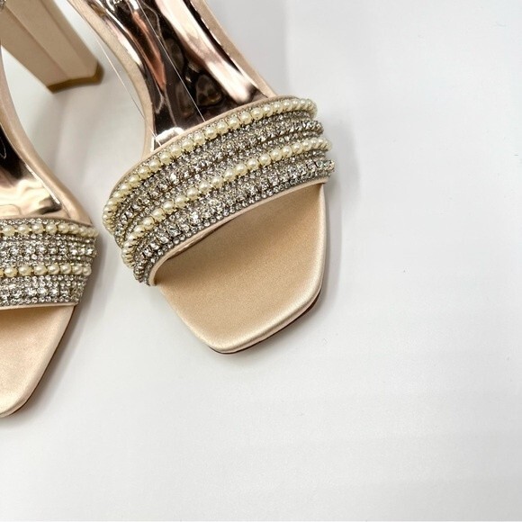 Badgley Mischka Size 5 Kari Soft Nude‎ Satin Jeweled Block Open Toe Heels Shoes - Picture 5 of 13